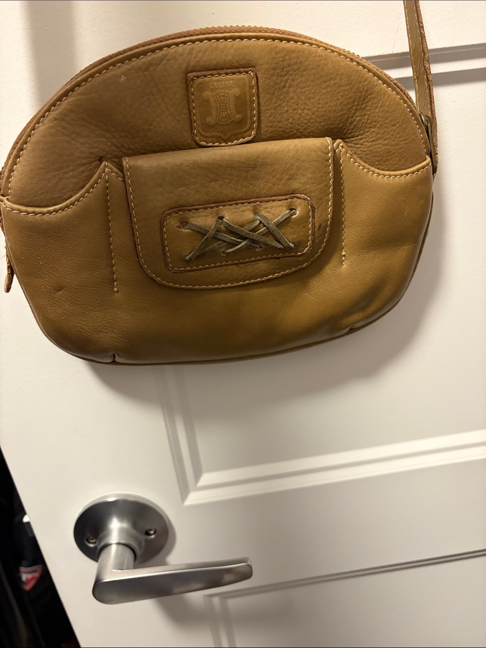 Celine Tan Leather Crossbody with Braided Front Accent